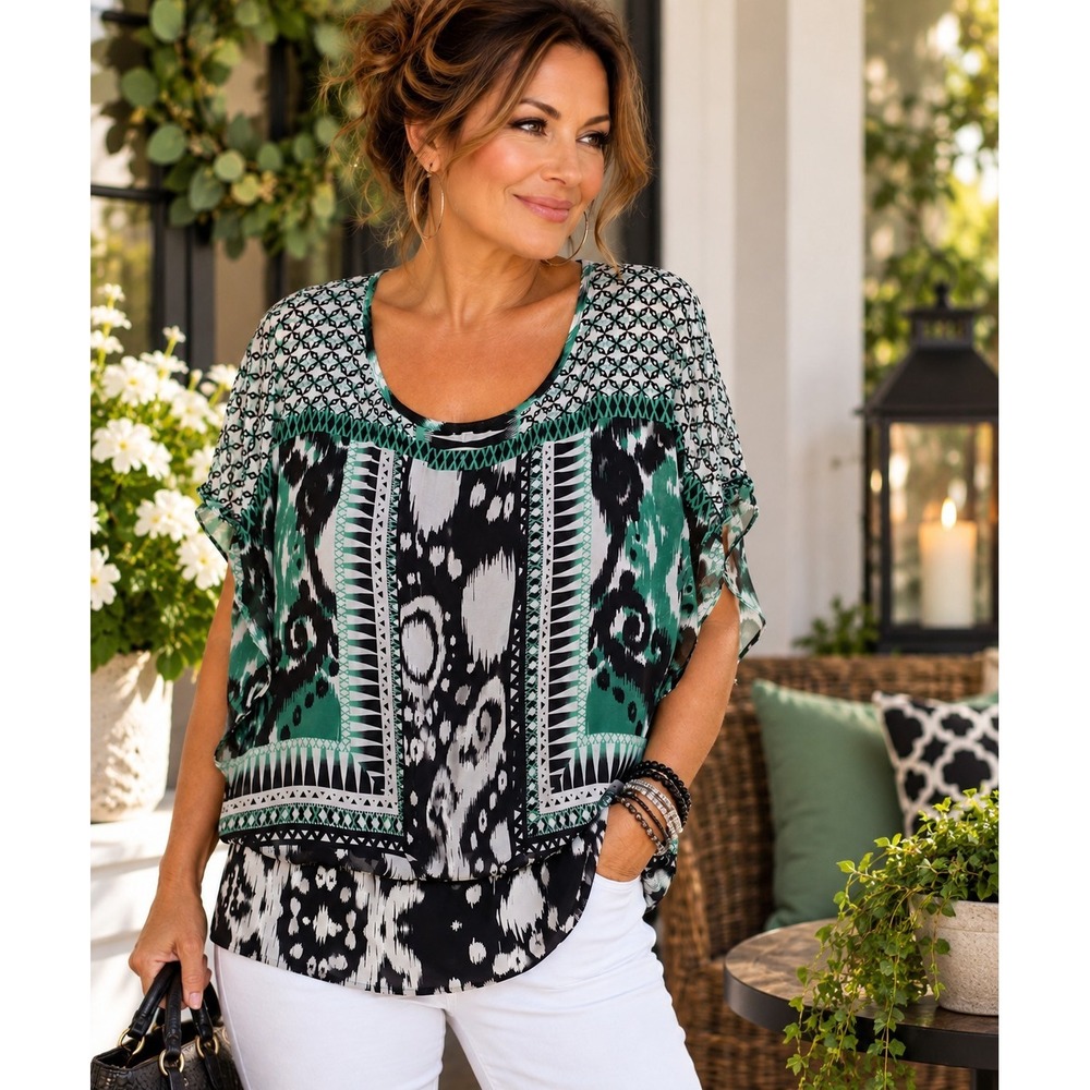 Valerie Stevens XL Blouse Tunic Green Black White Geometric Boho 3/4 Sleeve